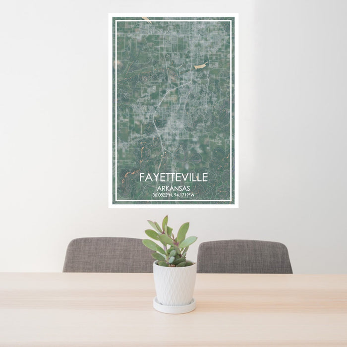 24x36 Fayetteville Arkansas Map Print Portrait Orientation in Afternoon Style Behind 2 Chairs Table and Potted Plant