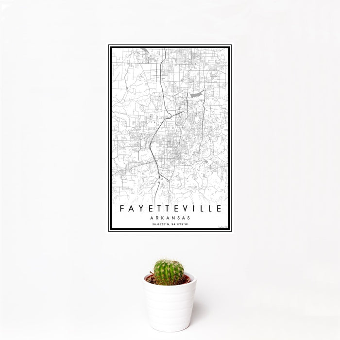 12x18 Fayetteville Arkansas Map Print Portrait Orientation in Classic Style With Small Cactus Plant in White Planter