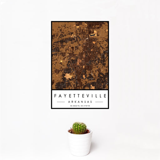 12x18 Fayetteville Arkansas Map Print Portrait Orientation in Ember Style With Small Cactus Plant in White Planter