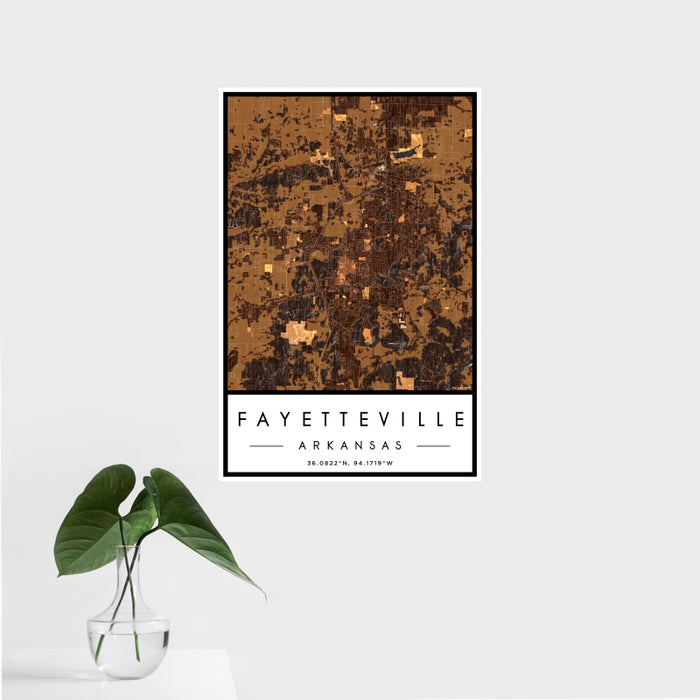 16x24 Fayetteville Arkansas Map Print Portrait Orientation in Ember Style With Tropical Plant Leaves in Water