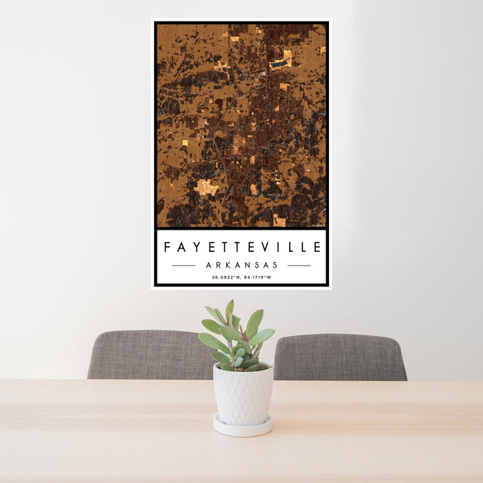 24x36 Fayetteville Arkansas Map Print Portrait Orientation in Ember Style Behind 2 Chairs Table and Potted Plant