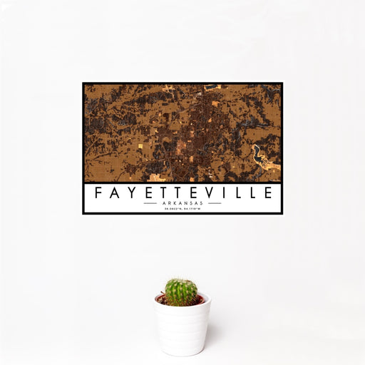 12x18 Fayetteville Arkansas Map Print Landscape Orientation in Ember Style With Small Cactus Plant in White Planter