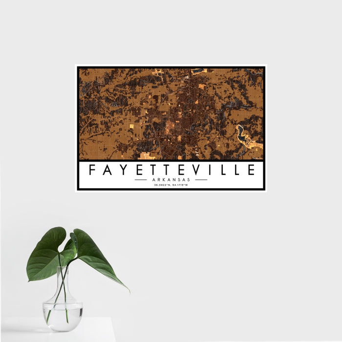 16x24 Fayetteville Arkansas Map Print Landscape Orientation in Ember Style With Tropical Plant Leaves in Water