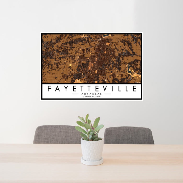 24x36 Fayetteville Arkansas Map Print Landscape Orientation in Ember Style Behind 2 Chairs Table and Potted Plant