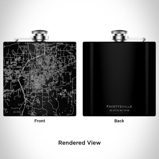 Rendered View of Fayetteville Arkansas Map Engraving on 6oz Stainless Steel Flask in Black