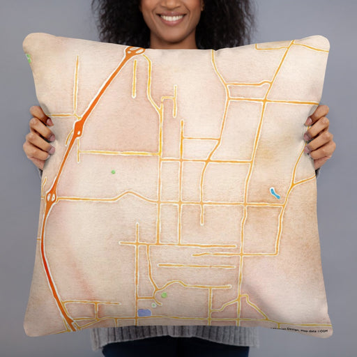 Person holding 22x22 Custom Fayetteville Arkansas Map Throw Pillow in Watercolor