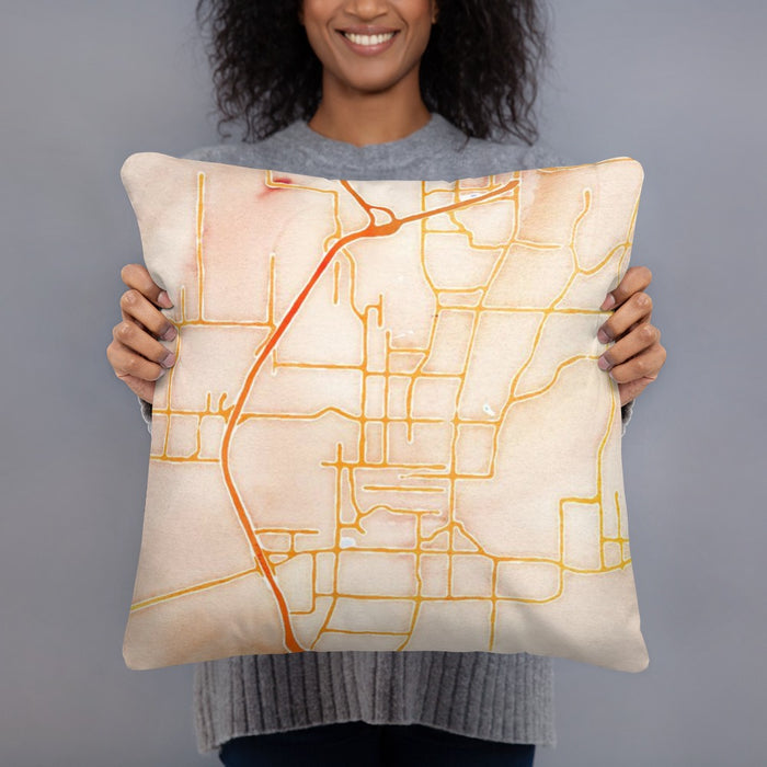 Person holding 18x18 Custom Fayetteville Arkansas Map Throw Pillow in Watercolor