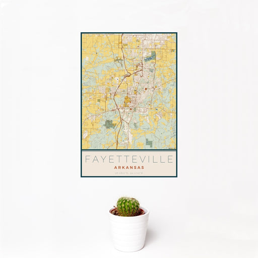 12x18 Fayetteville Arkansas Map Print Portrait Orientation in Woodblock Style With Small Cactus Plant in White Planter