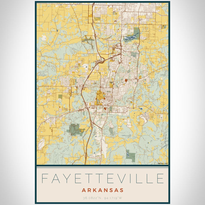 Fayetteville Arkansas Map Print Portrait Orientation in Woodblock Style With Shaded Background