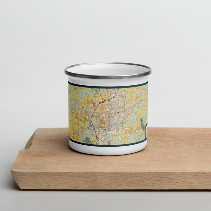 Front View Custom Fayetteville Arkansas Map Enamel Mug in Woodblock on Cutting Board