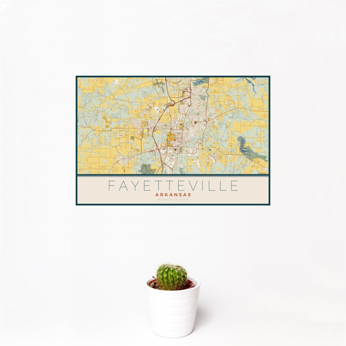 12x18 Fayetteville Arkansas Map Print Landscape Orientation in Woodblock Style With Small Cactus Plant in White Planter