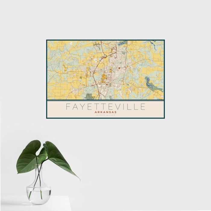 16x24 Fayetteville Arkansas Map Print Landscape Orientation in Woodblock Style With Tropical Plant Leaves in Water