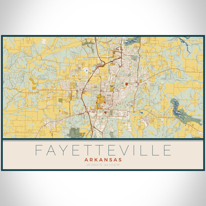 Fayetteville Arkansas Map Print Landscape Orientation in Woodblock Style With Shaded Background