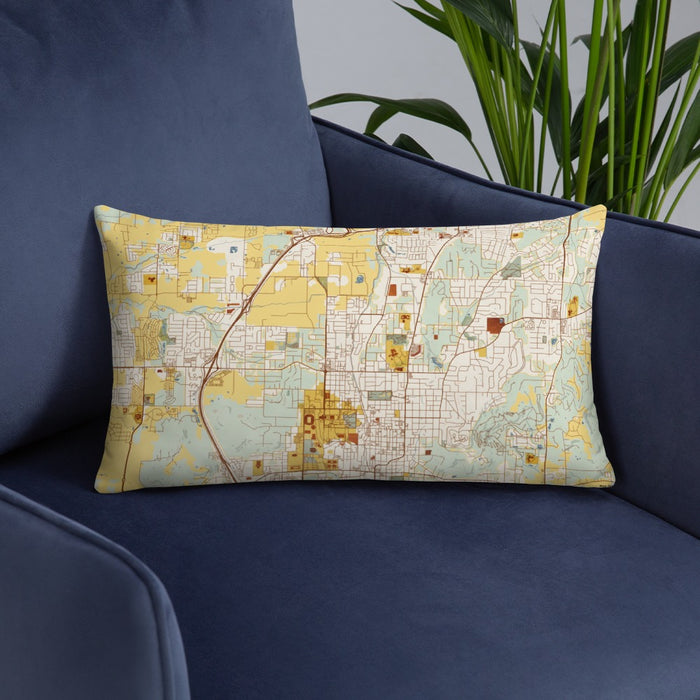 Custom Fayetteville Arkansas Map Throw Pillow in Woodblock on Blue Colored Chair