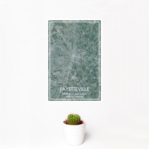12x18 Fayetteville North Carolina Map Print Portrait Orientation in Afternoon Style With Small Cactus Plant in White Planter