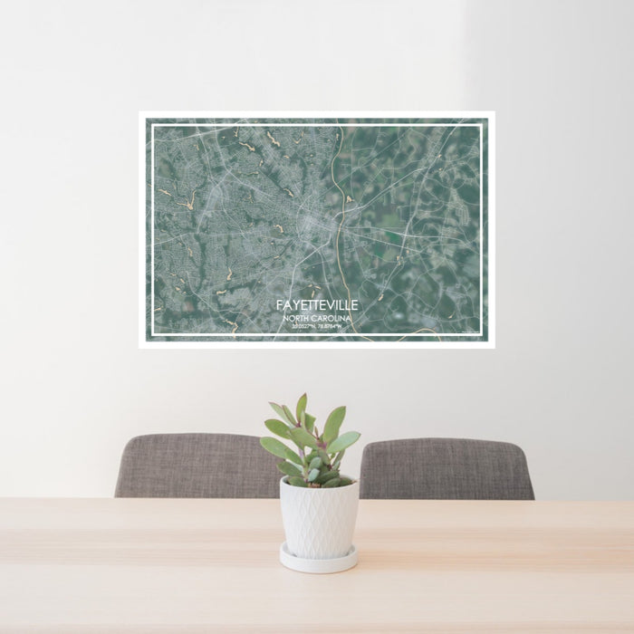24x36 Fayetteville North Carolina Map Print Lanscape Orientation in Afternoon Style Behind 2 Chairs Table and Potted Plant