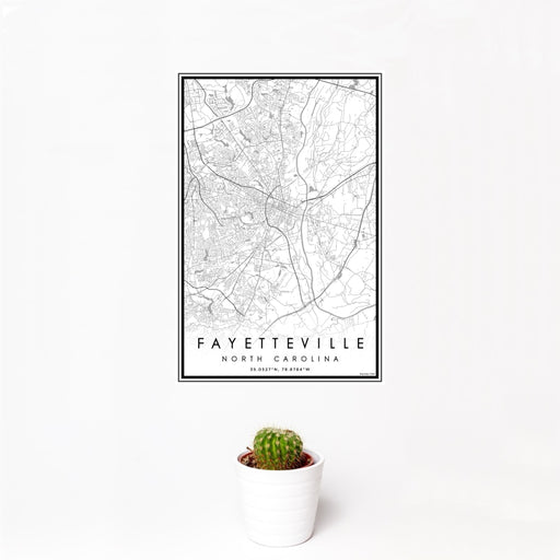 12x18 Fayetteville North Carolina Map Print Portrait Orientation in Classic Style With Small Cactus Plant in White Planter