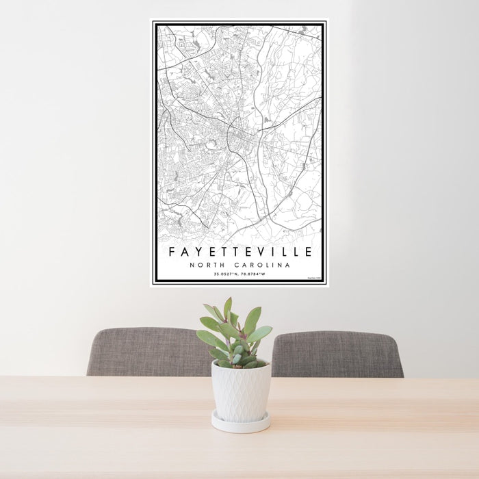 24x36 Fayetteville North Carolina Map Print Portrait Orientation in Classic Style Behind 2 Chairs Table and Potted Plant