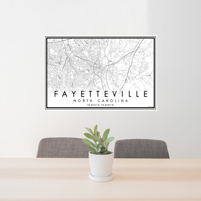 24x36 Fayetteville North Carolina Map Print Landscape Orientation in Classic Style Behind 2 Chairs Table and Potted Plant