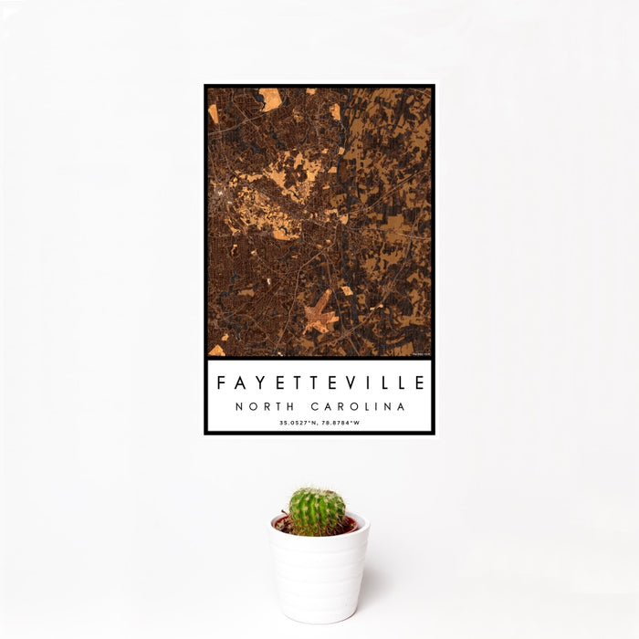 12x18 Fayetteville North Carolina Map Print Portrait Orientation in Ember Style With Small Cactus Plant in White Planter