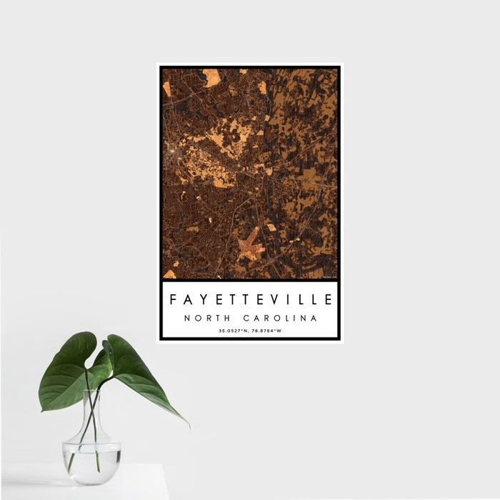 16x24 Fayetteville North Carolina Map Print Portrait Orientation in Ember Style With Tropical Plant Leaves in Water