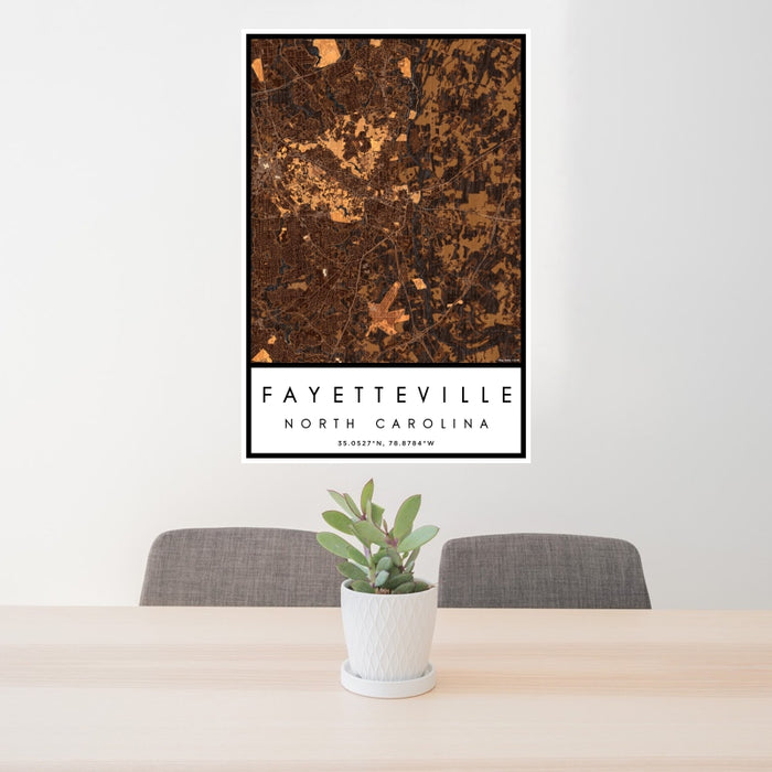 24x36 Fayetteville North Carolina Map Print Portrait Orientation in Ember Style Behind 2 Chairs Table and Potted Plant