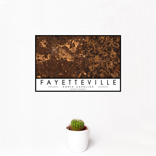 12x18 Fayetteville North Carolina Map Print Landscape Orientation in Ember Style With Small Cactus Plant in White Planter