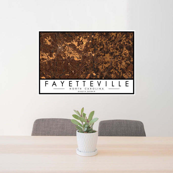 24x36 Fayetteville North Carolina Map Print Landscape Orientation in Ember Style Behind 2 Chairs Table and Potted Plant