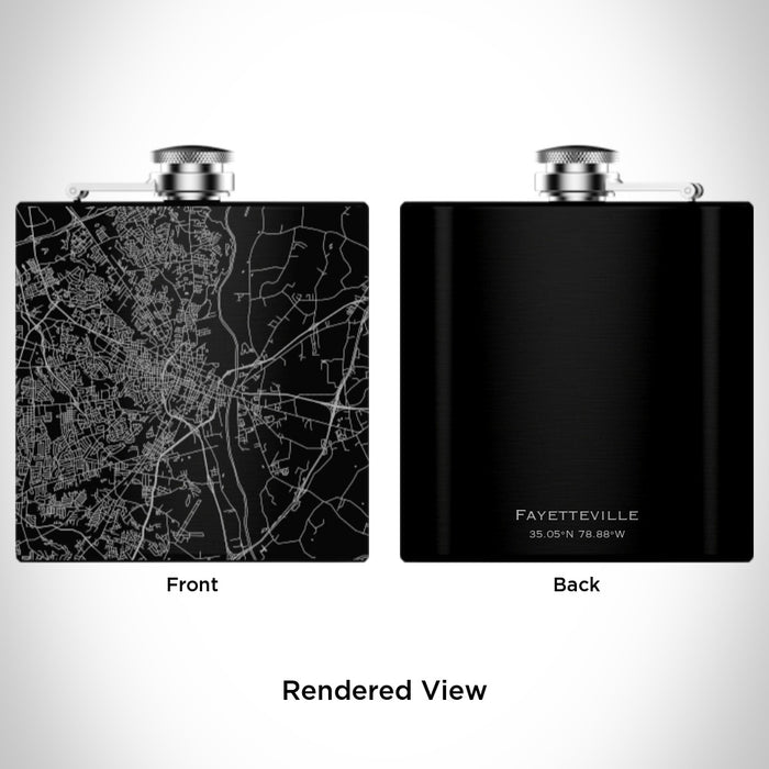 Rendered View of Fayetteville North Carolina Map Engraving on 6oz Stainless Steel Flask in Black