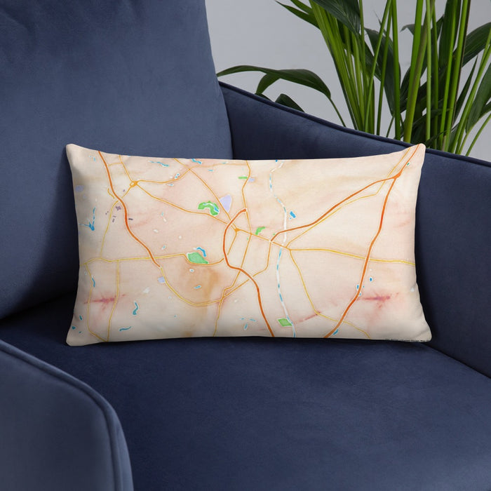 Custom Fayetteville North Carolina Map Throw Pillow in Watercolor on Blue Colored Chair