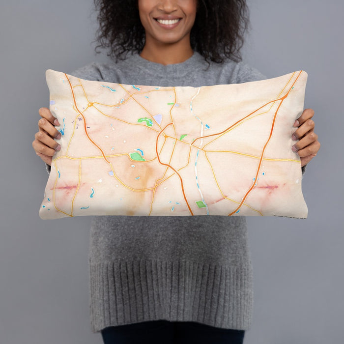 Person holding 20x12 Custom Fayetteville North Carolina Map Throw Pillow in Watercolor