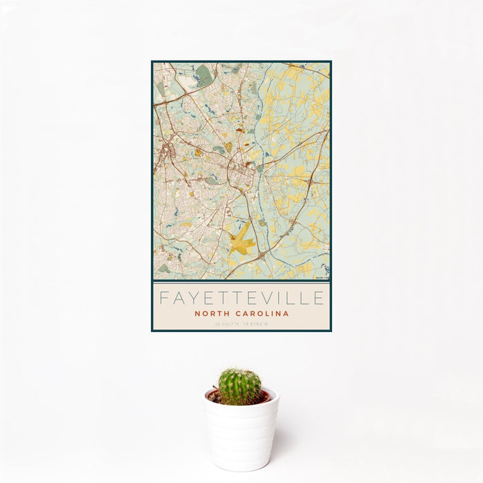 12x18 Fayetteville North Carolina Map Print Portrait Orientation in Woodblock Style With Small Cactus Plant in White Planter