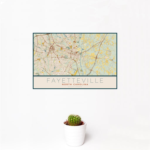 12x18 Fayetteville North Carolina Map Print Landscape Orientation in Woodblock Style With Small Cactus Plant in White Planter