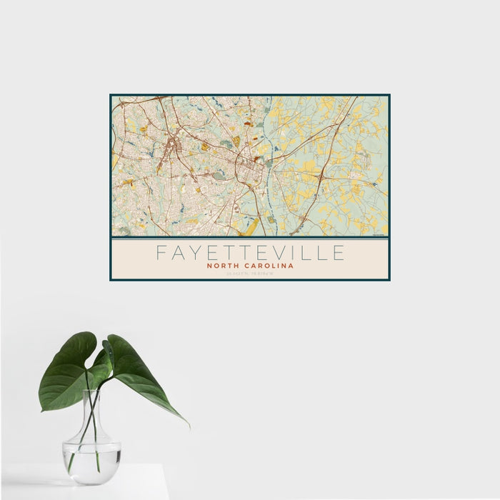 16x24 Fayetteville North Carolina Map Print Landscape Orientation in Woodblock Style With Tropical Plant Leaves in Water