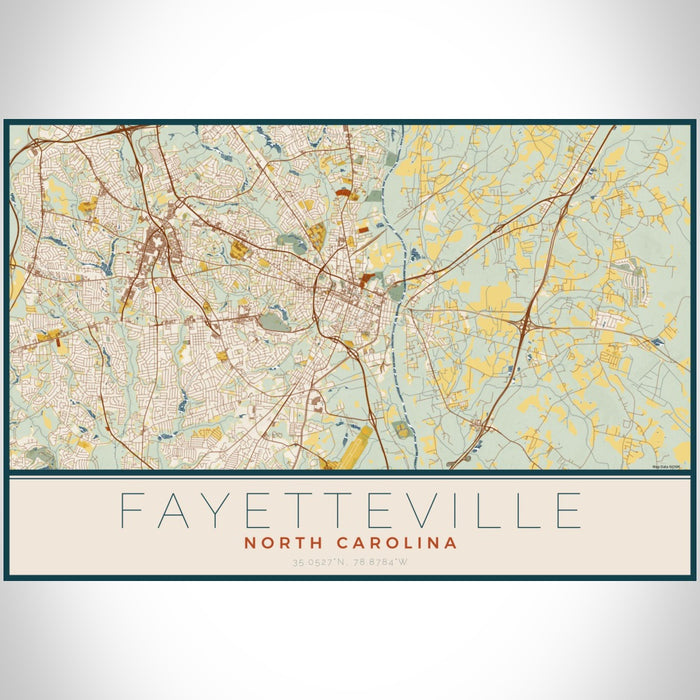 Fayetteville North Carolina Map Print Landscape Orientation in Woodblock Style With Shaded Background