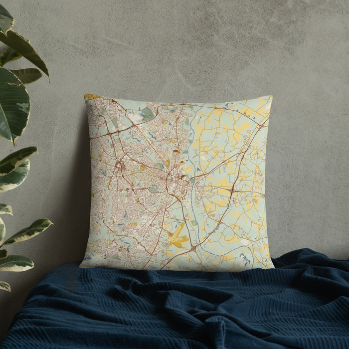 Custom Fayetteville North Carolina Map Throw Pillow in Woodblock on Bedding Against Wall
