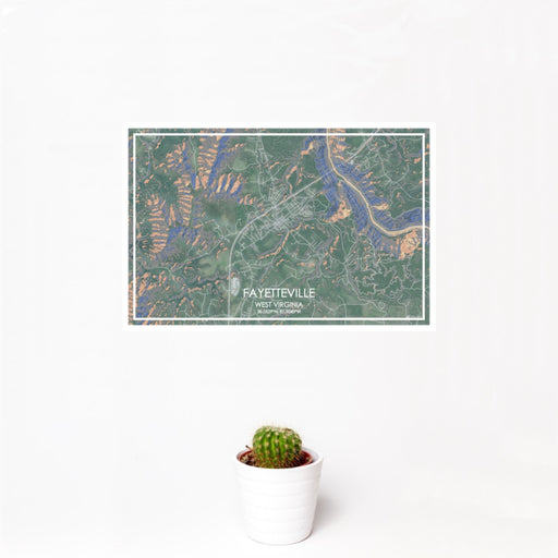 12x18 Fayetteville West Virginia Map Print Landscape Orientation in Afternoon Style With Small Cactus Plant in White Planter