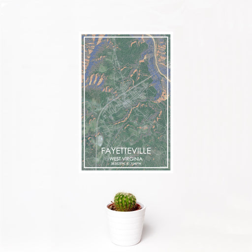 12x18 Fayetteville West Virginia Map Print Portrait Orientation in Afternoon Style With Small Cactus Plant in White Planter