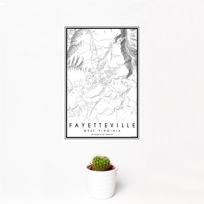 12x18 Fayetteville West Virginia Map Print Portrait Orientation in Classic Style With Small Cactus Plant in White Planter