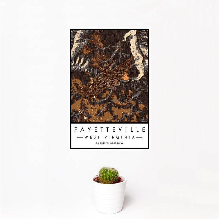 12x18 Fayetteville West Virginia Map Print Portrait Orientation in Ember Style With Small Cactus Plant in White Planter