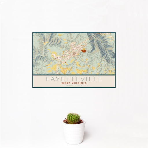 12x18 Fayetteville West Virginia Map Print Landscape Orientation in Woodblock Style With Small Cactus Plant in White Planter