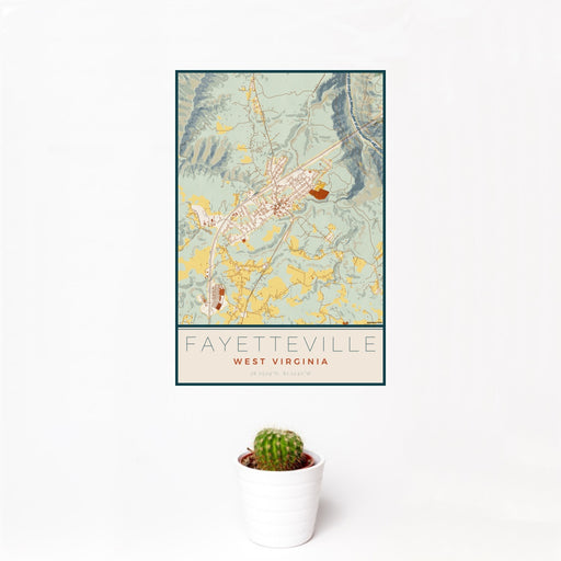 12x18 Fayetteville West Virginia Map Print Portrait Orientation in Woodblock Style With Small Cactus Plant in White Planter