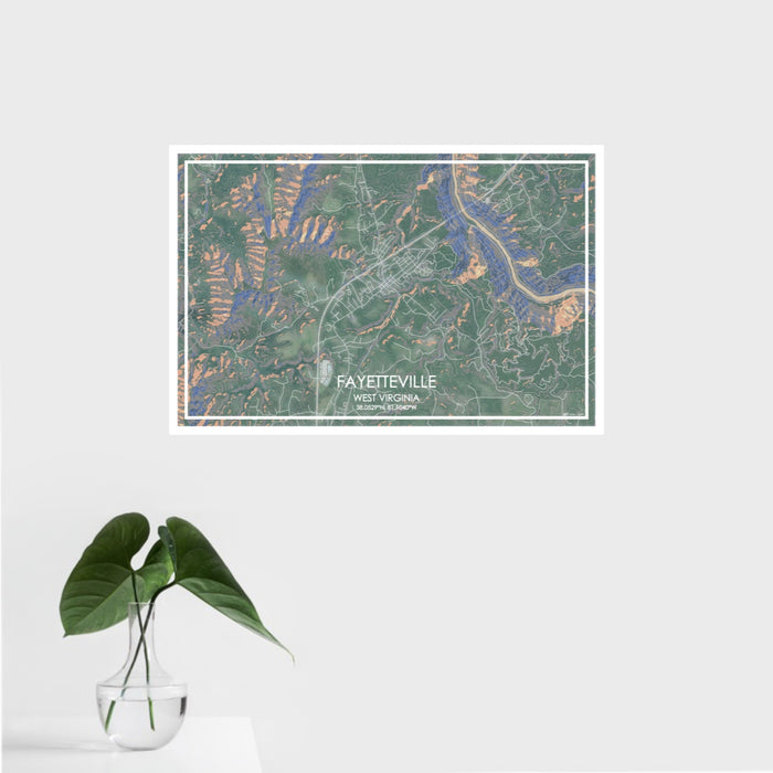 16x24 Fayetteville West Virginia Map Print Landscape Orientation in Afternoon Style With Tropical Plant Leaves in Water