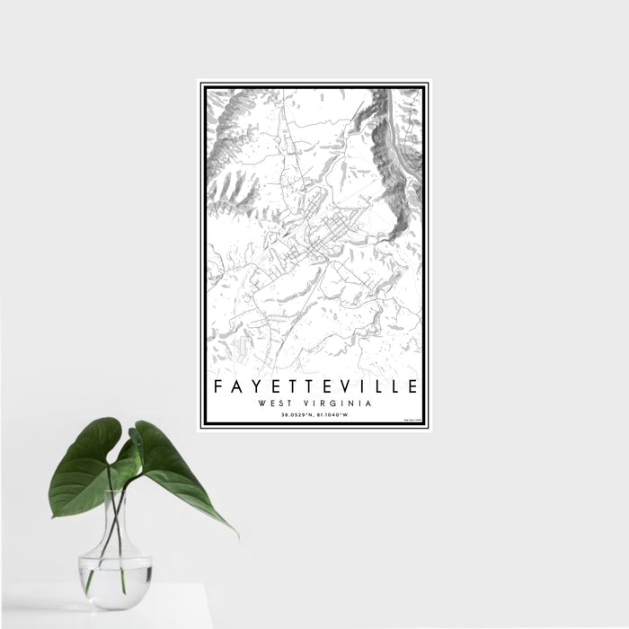 16x24 Fayetteville West Virginia Map Print Portrait Orientation in Classic Style With Tropical Plant Leaves in Water