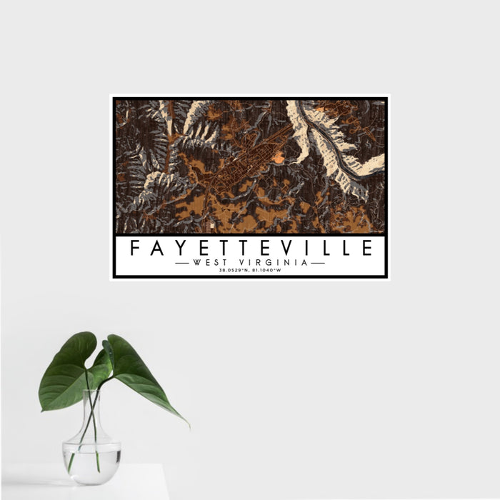 16x24 Fayetteville West Virginia Map Print Landscape Orientation in Ember Style With Tropical Plant Leaves in Water