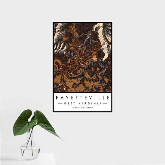 16x24 Fayetteville West Virginia Map Print Portrait Orientation in Ember Style With Tropical Plant Leaves in Water