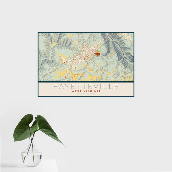 16x24 Fayetteville West Virginia Map Print Landscape Orientation in Woodblock Style With Tropical Plant Leaves in Water