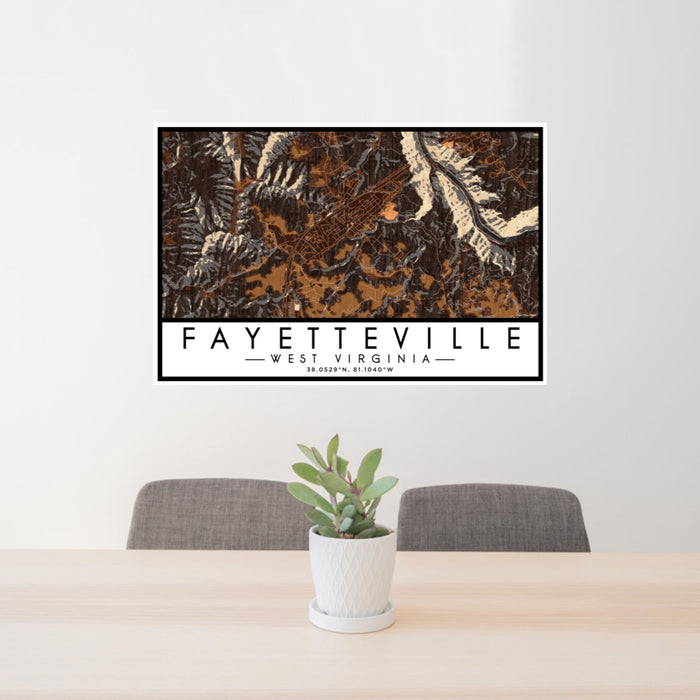 24x36 Fayetteville West Virginia Map Print Lanscape Orientation in Ember Style Behind 2 Chairs Table and Potted Plant