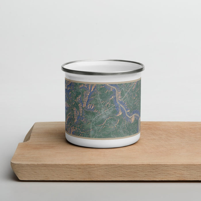 Front View Custom Fayetteville West Virginia Map Enamel Mug in Afternoon on Cutting Board