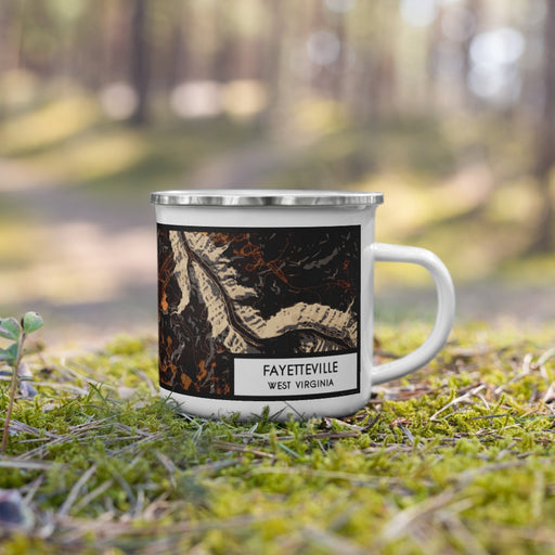 Right View Custom Fayetteville West Virginia Map Enamel Mug in Ember on Grass With Trees in Background